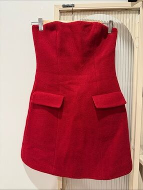 Reformation Strapless Red Mini Holiday Dress with Flap Pockets
